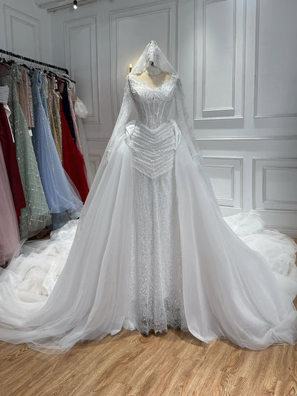 Luxury White Long Sleeve Beaded Corset Wedding Dress HA2535 SERENE HILL