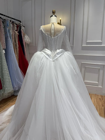 Luxury White Long Sleeve Beaded Corset Wedding Dress HA2535 SERENE HILL