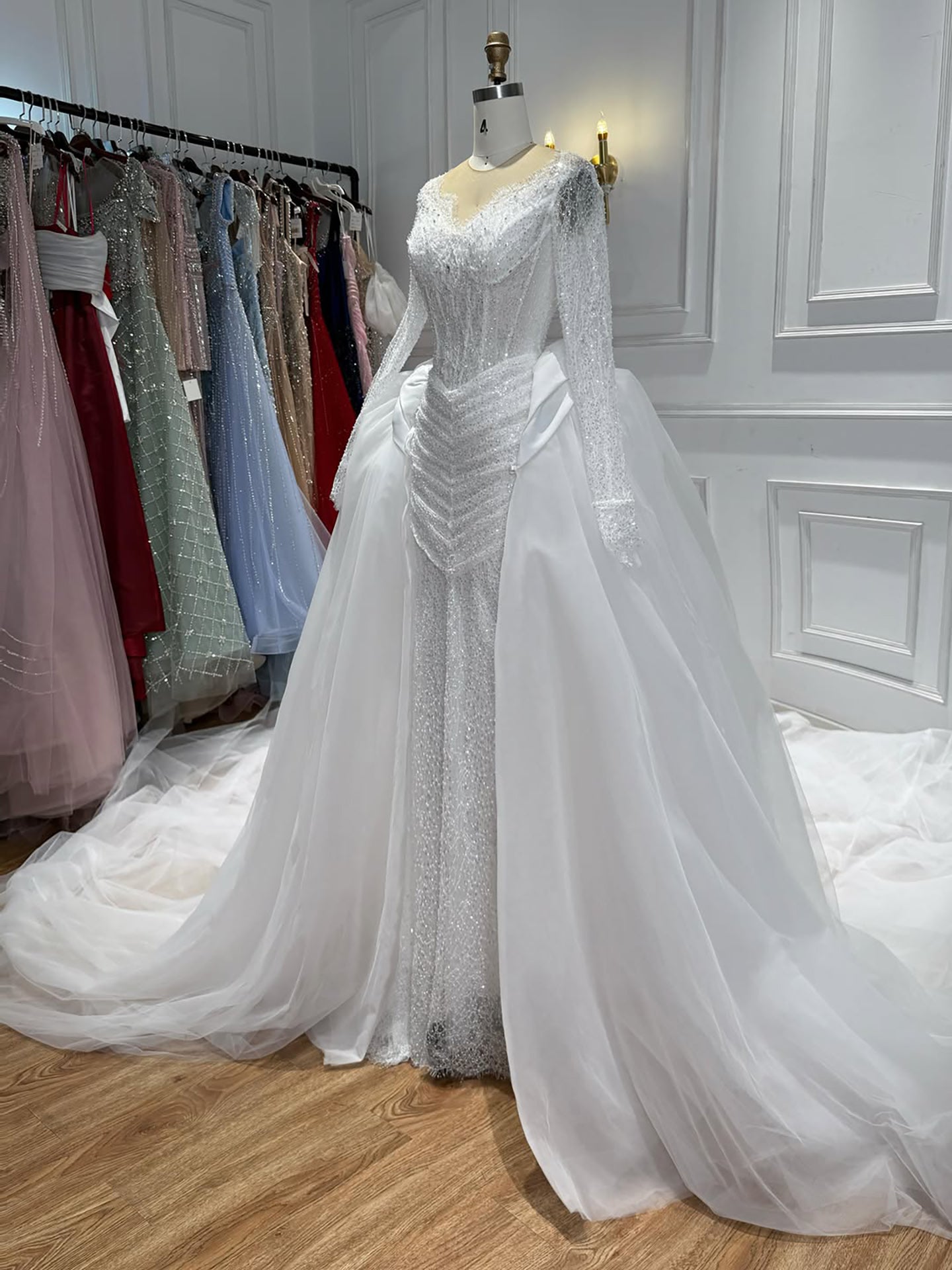 Luxury White Long Sleeve Beaded Corset Wedding Dress HA2535 SERENE HILL