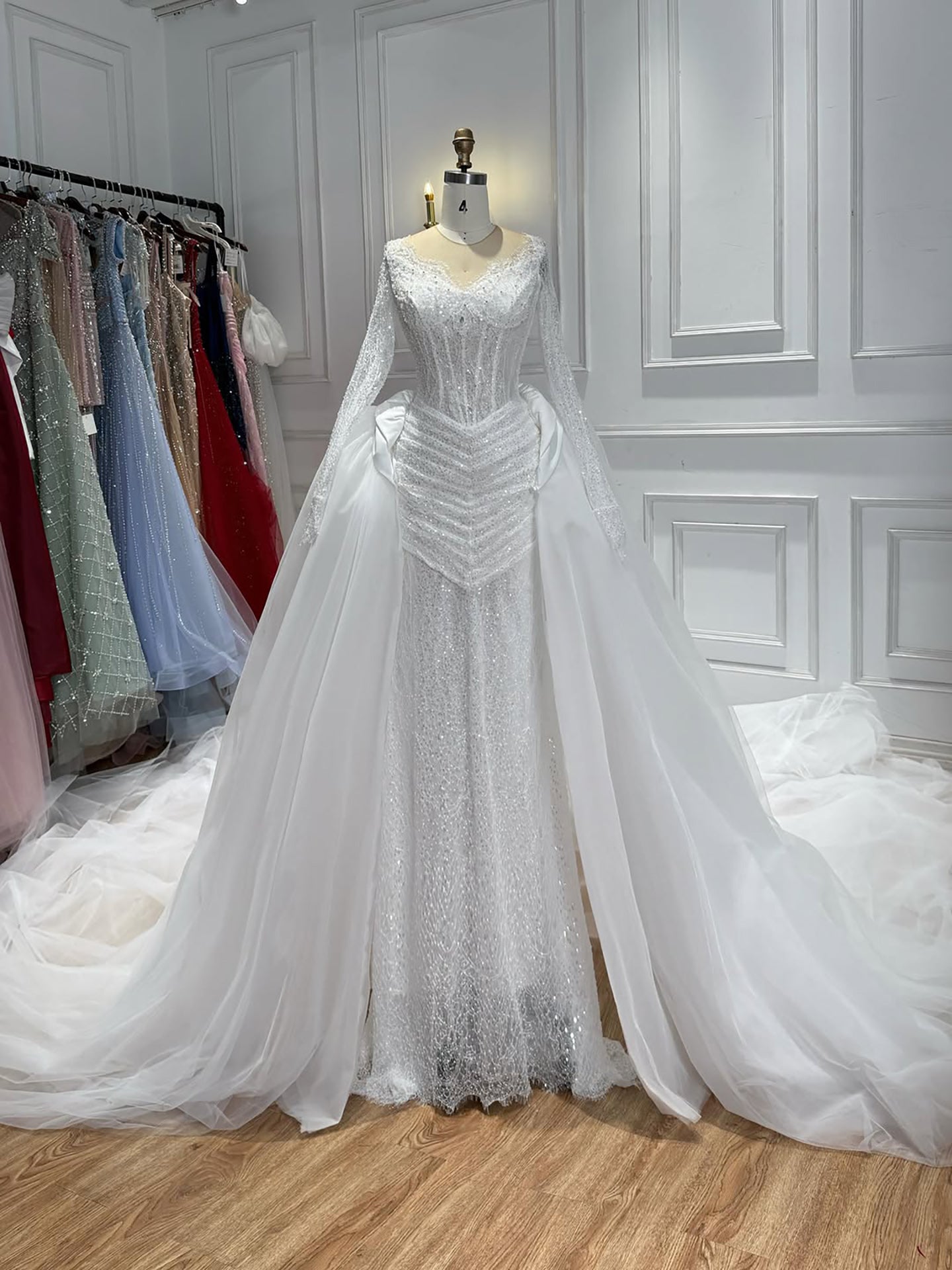 Luxury White Long Sleeve Beaded Corset Wedding Dress HA2535 SERENE HILL