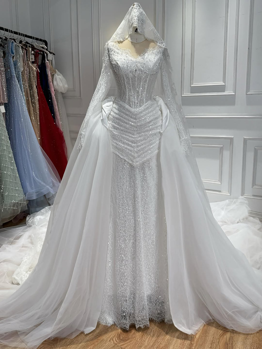 Luxury White Long Sleeve Beaded Corset Wedding Dress HA2535 SERENE HILL