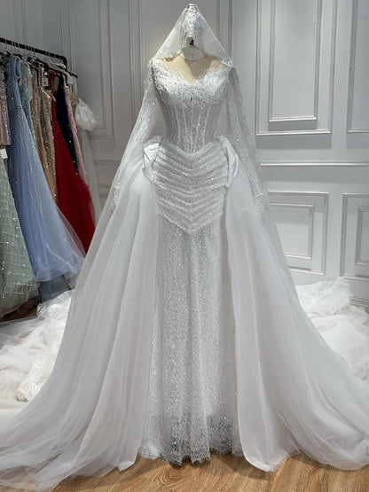 Luxury White Long Sleeve Beaded Corset Wedding Dress HA2535 SERENE HILL