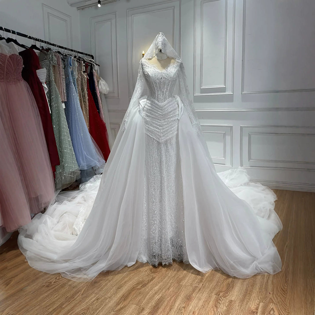 Luxury White Long Sleeve Beaded Corset Wedding Dress HA2535 SERENE HILL