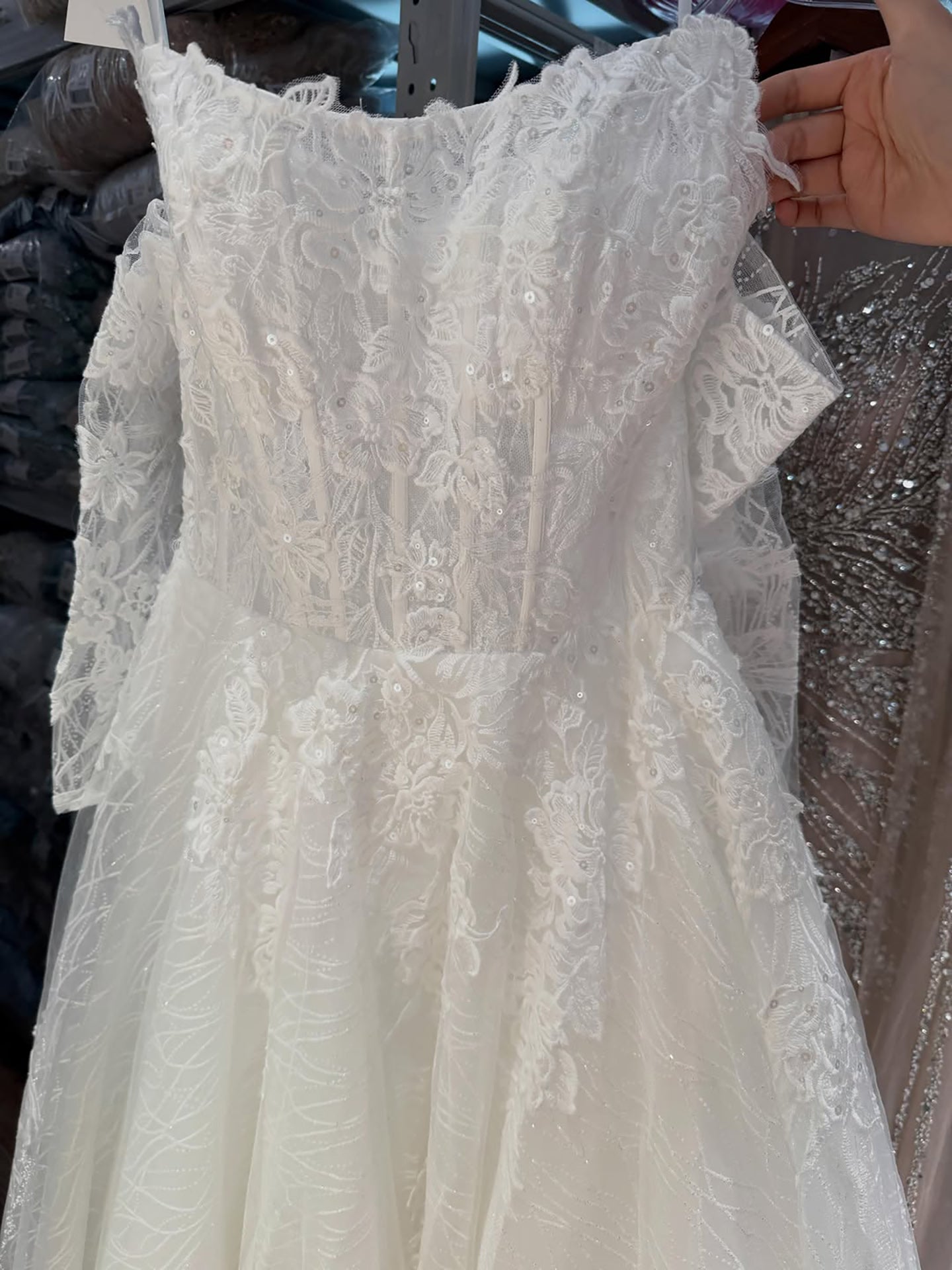 Luxury White Strapless Lace Corset Detachable Sleeve A Line Dress HA2536 SERENE HILL