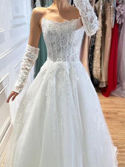 Luxury White Strapless Lace Corset Detachable Sleeve A Line Dress HA2536 SERENE HILL
