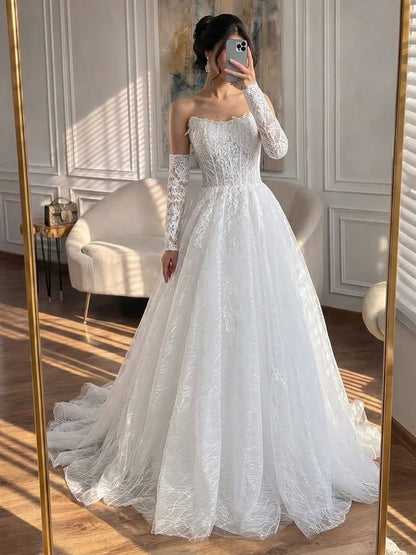 Luxury White Strapless Lace Corset Detachable Sleeve A Line Dress HA2536 SERENE HILL
