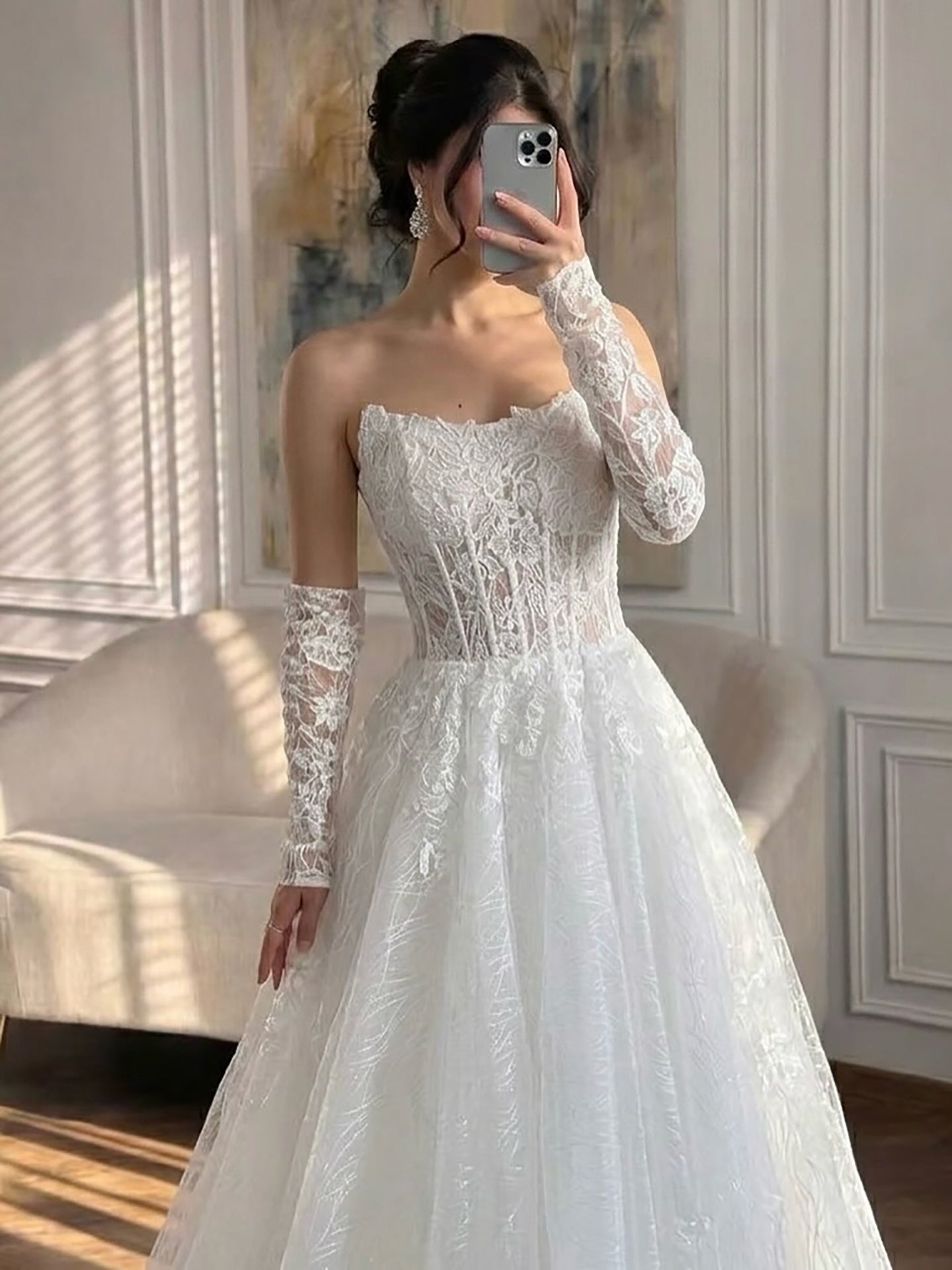 Luxury White Strapless Lace Corset Detachable Sleeve A Line Dress HA2536 SERENE HILL