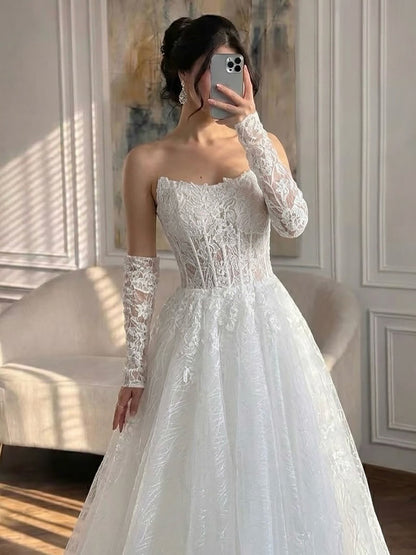 Luxury White Strapless Lace Corset Detachable Sleeve A Line Dress HA2536 SERENE HILL