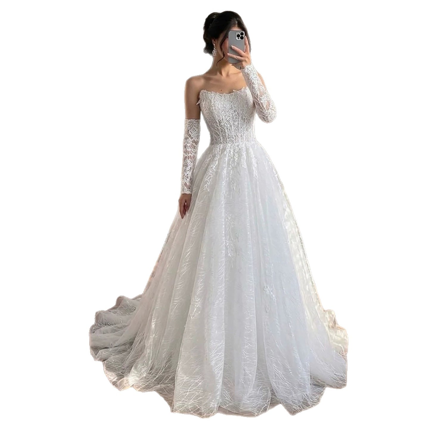 Luxury White Strapless Lace Corset Detachable Sleeve A Line Dress HA2536 SERENE HILL