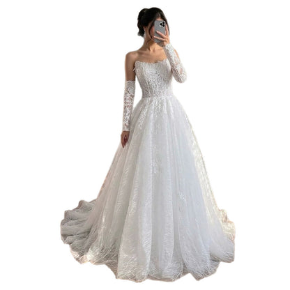 Luxury White Strapless Lace Corset Detachable Sleeve A Line Dress HA2536 SERENE HILL