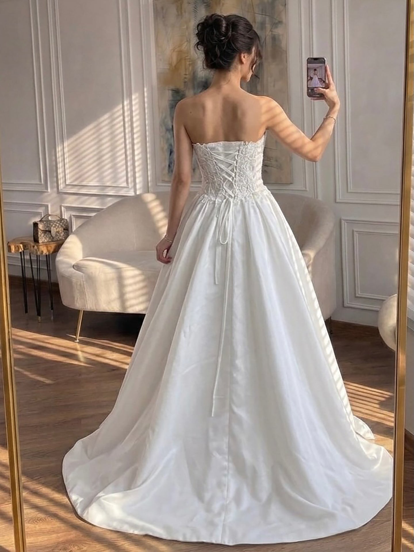 Luxury White Strapless See Through Lace Corset Satin A Line Dress HA2537 SERENE HILL