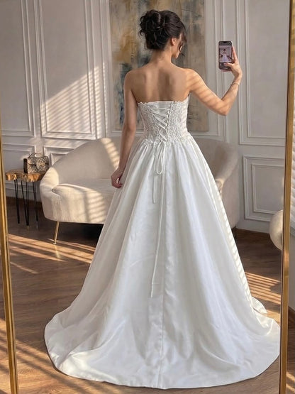 Luxury White Strapless See Through Lace Corset Satin A Line Dress HA2537 SERENE HILL