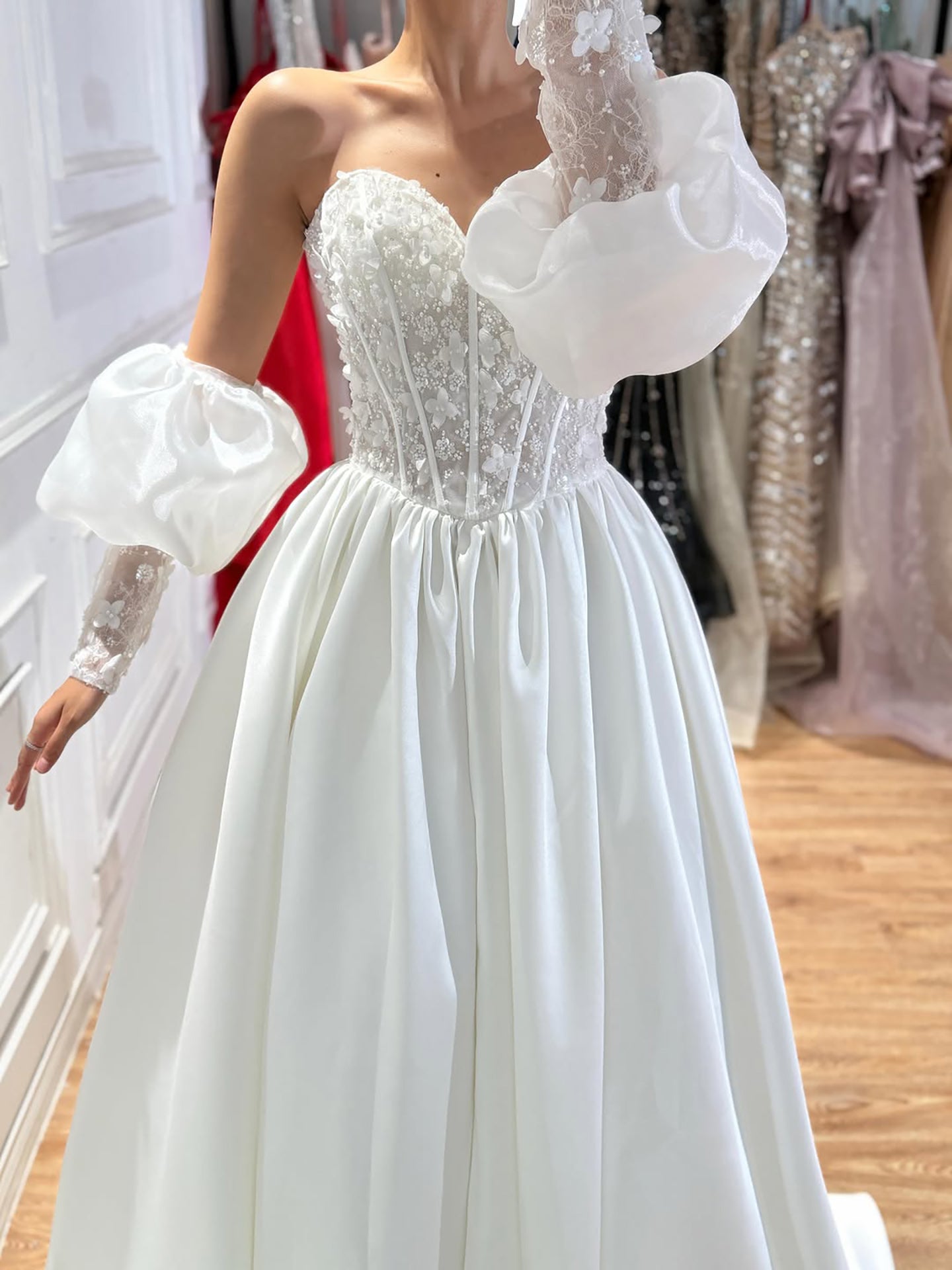 Luxury White Off Shoulder Beaded Basque Corset Puff Sleeve Dress HA2538