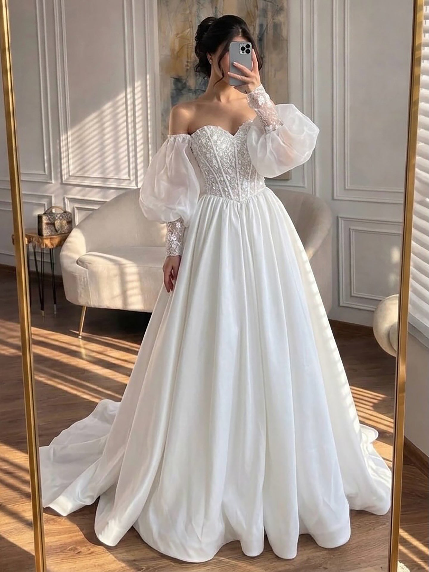 Luxury White Off Shoulder Beaded Basque Corset Puff Sleeve Dress HA2538