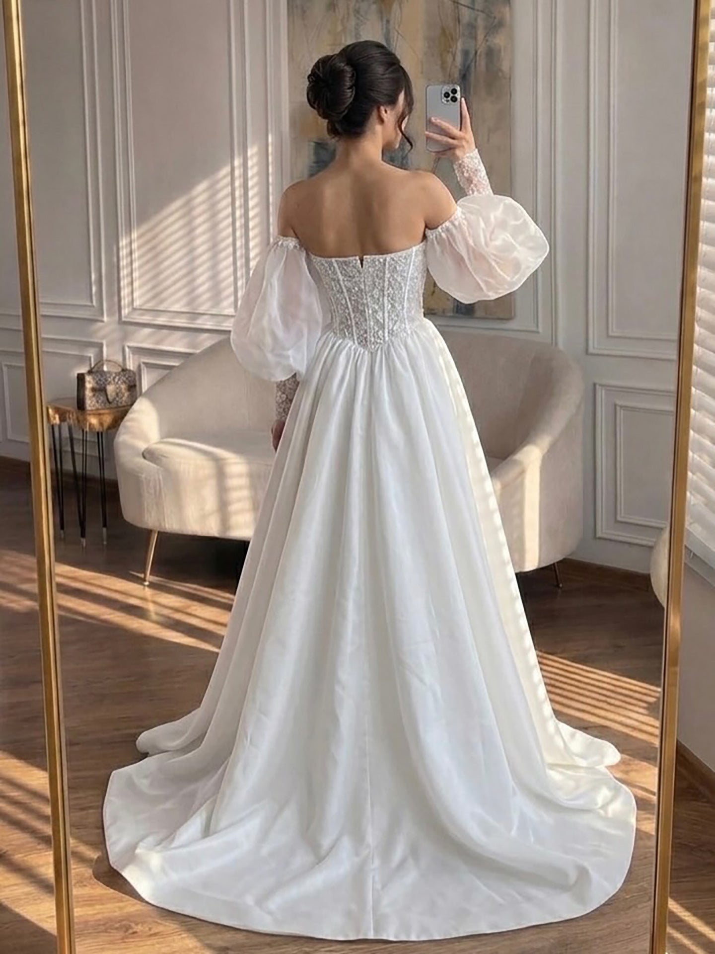 Luxury White Off Shoulder Beaded Basque Corset Puff Sleeve Dress HA2538 SERENE HILL