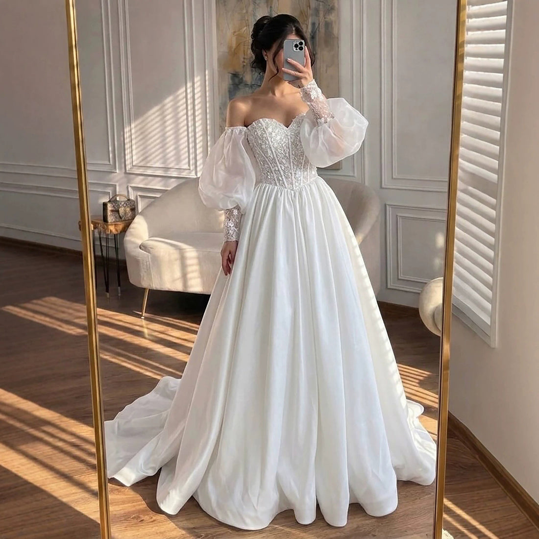 Luxury White Off Shoulder Beaded Basque Corset Puff Sleeve Dress HA2538 SERENE HILL