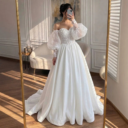 Luxury White Off Shoulder Beaded Basque Corset Puff Sleeve Dress HA2538 SERENE HILL