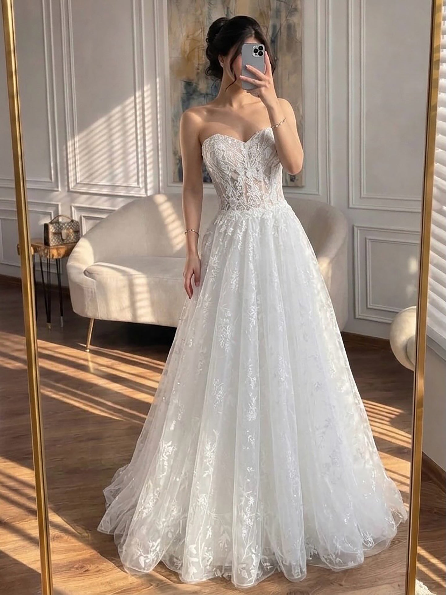 Luxury White Lace Strapless A-Line Bridal Wedding Dress HA2539 White / 4