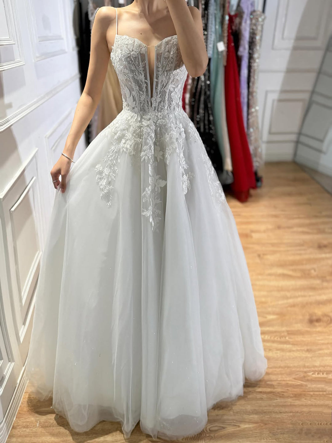 Luxury White Lace Spaghetti Straps Deep V-Neck Wedding Dress HA2540 SERENE HILL