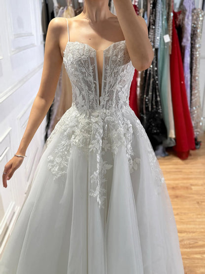 Luxury White Lace Spaghetti Straps Deep V-Neck Wedding Dress HA2540 SERENE HILL