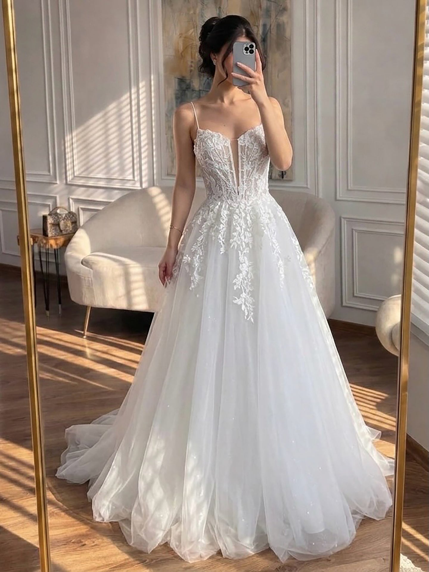 Luxury White Lace Spaghetti Straps Deep V-Neck Wedding Dress HA2540 SERENE HILL