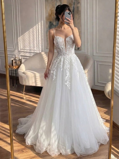 Luxury White Lace Spaghetti Straps Deep V-Neck Wedding Dress HA2540 SERENE HILL