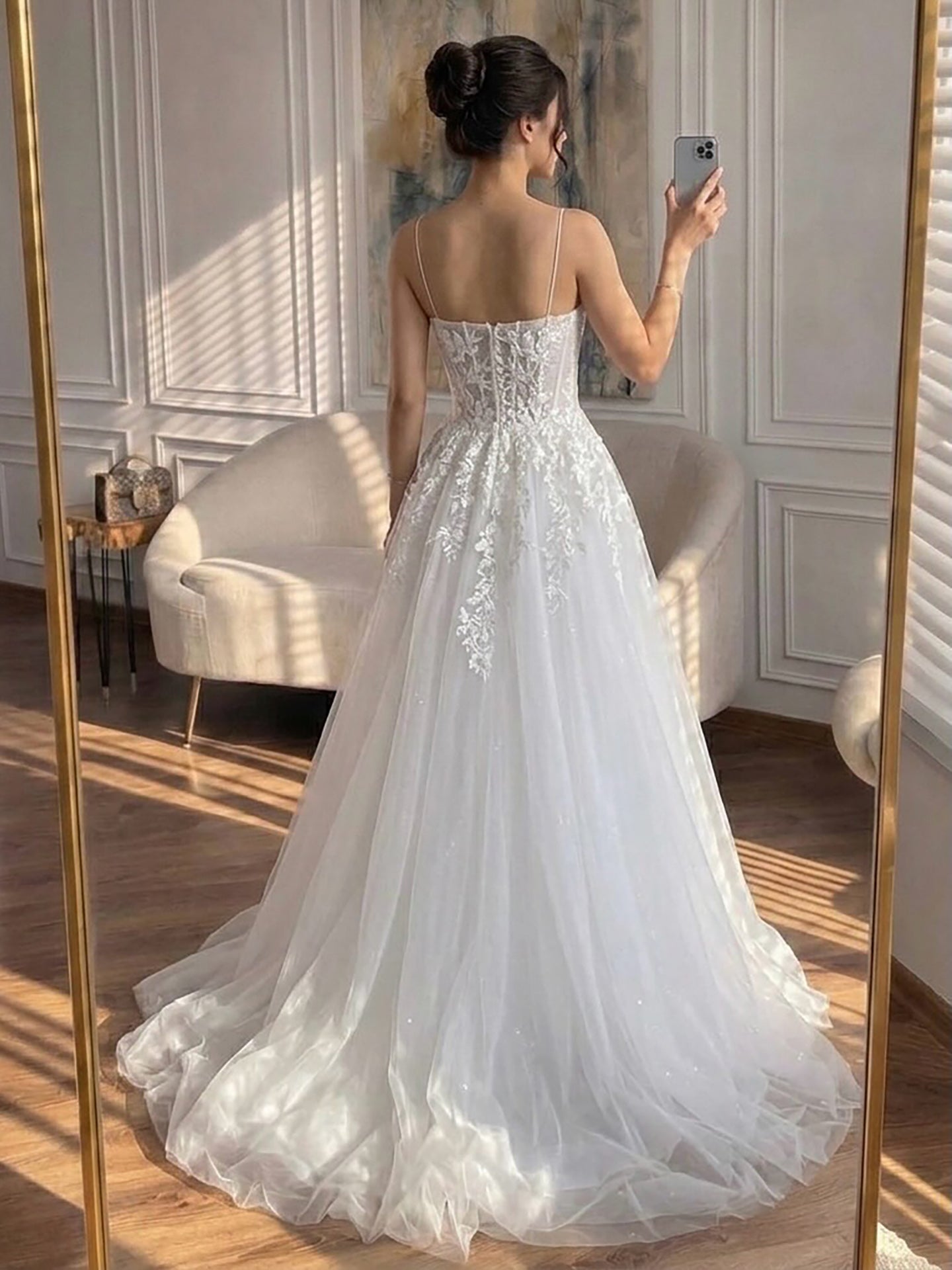 Luxury White Lace Spaghetti Straps Deep V-Neck Wedding Dress HA2540 White / 6