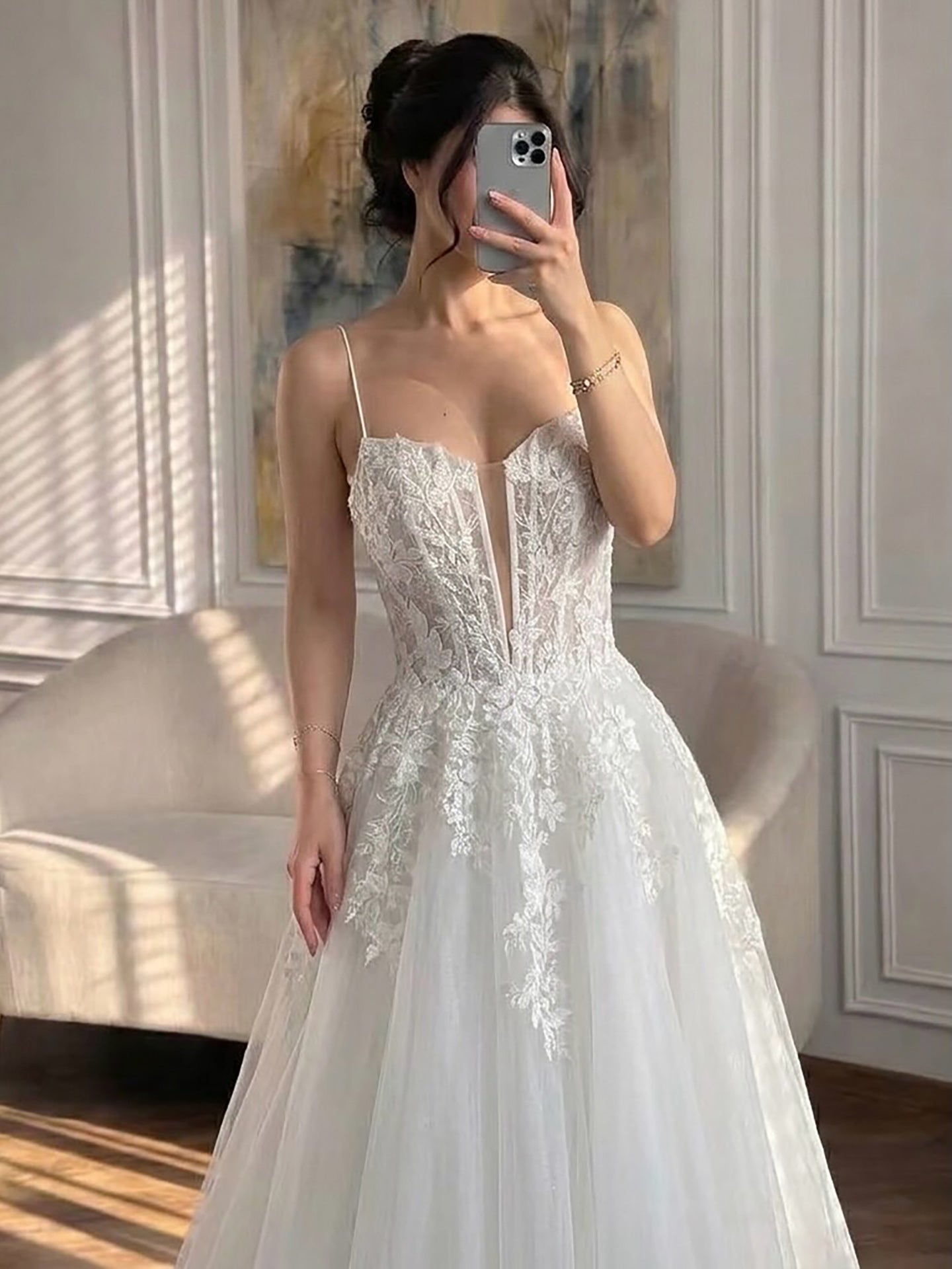 Luxury White Lace Spaghetti Straps Deep V-Neck Wedding Dress HA2540 SERENE HILL