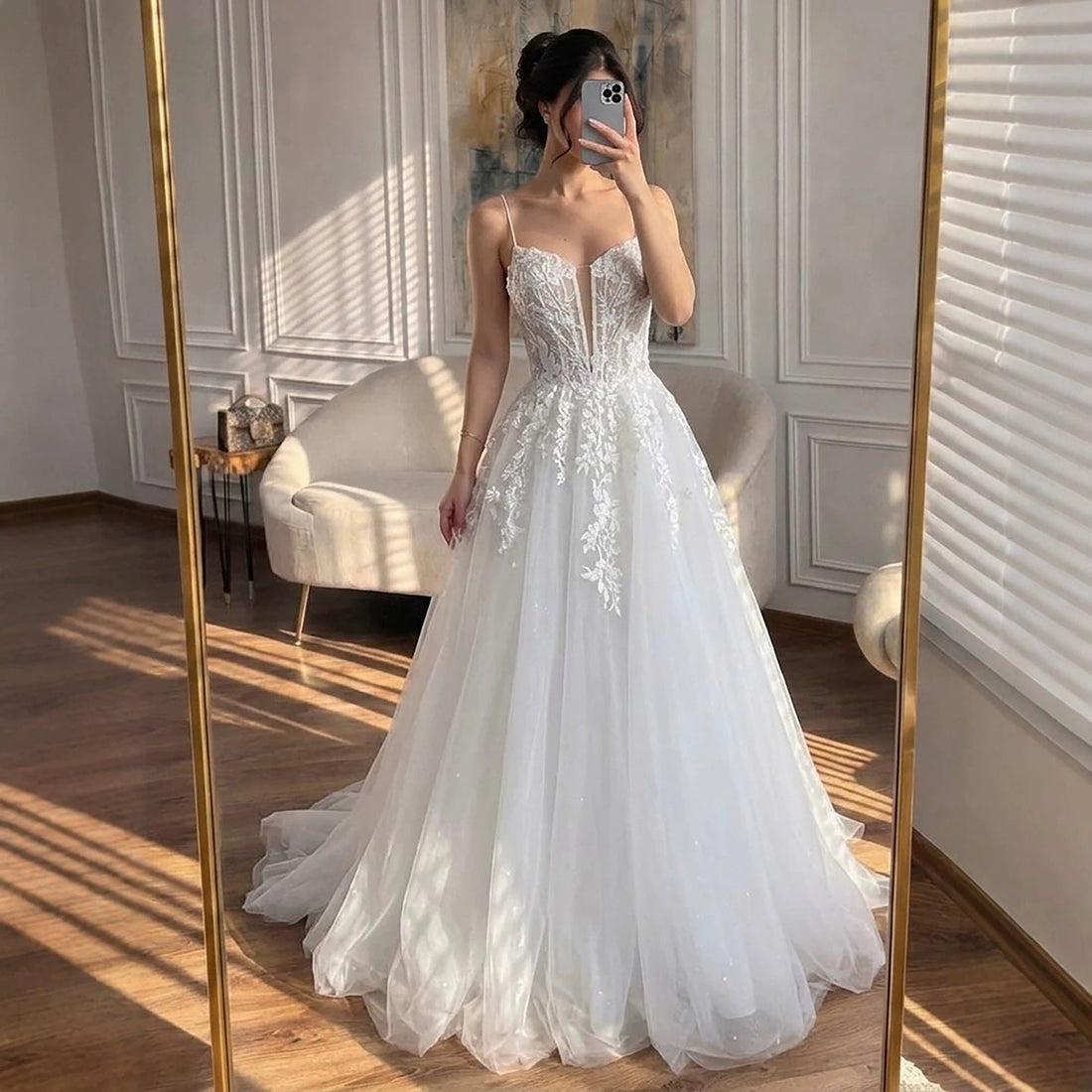 Luxury White Lace Spaghetti Straps Deep V-Neck Wedding Dress HA2540 SERENE HILL