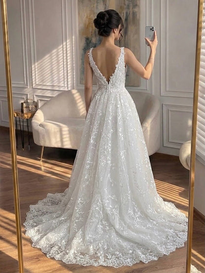 Luxury White Lace V-Neck Low Back Appliques A-Line Wedding Dress HA2541 SERENE HILL
