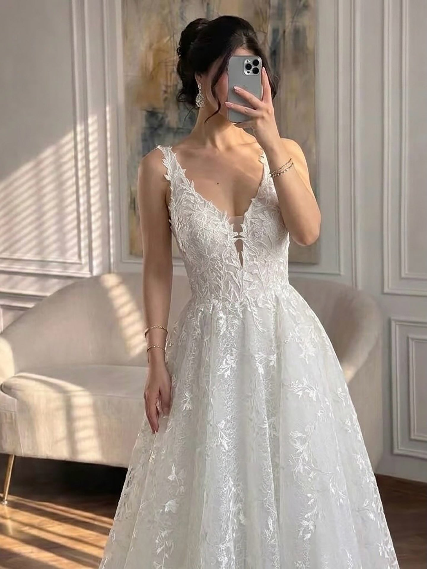 Luxury White Lace V-Neck Low Back Appliques A-Line Wedding Dress HA2541 SERENE HILL