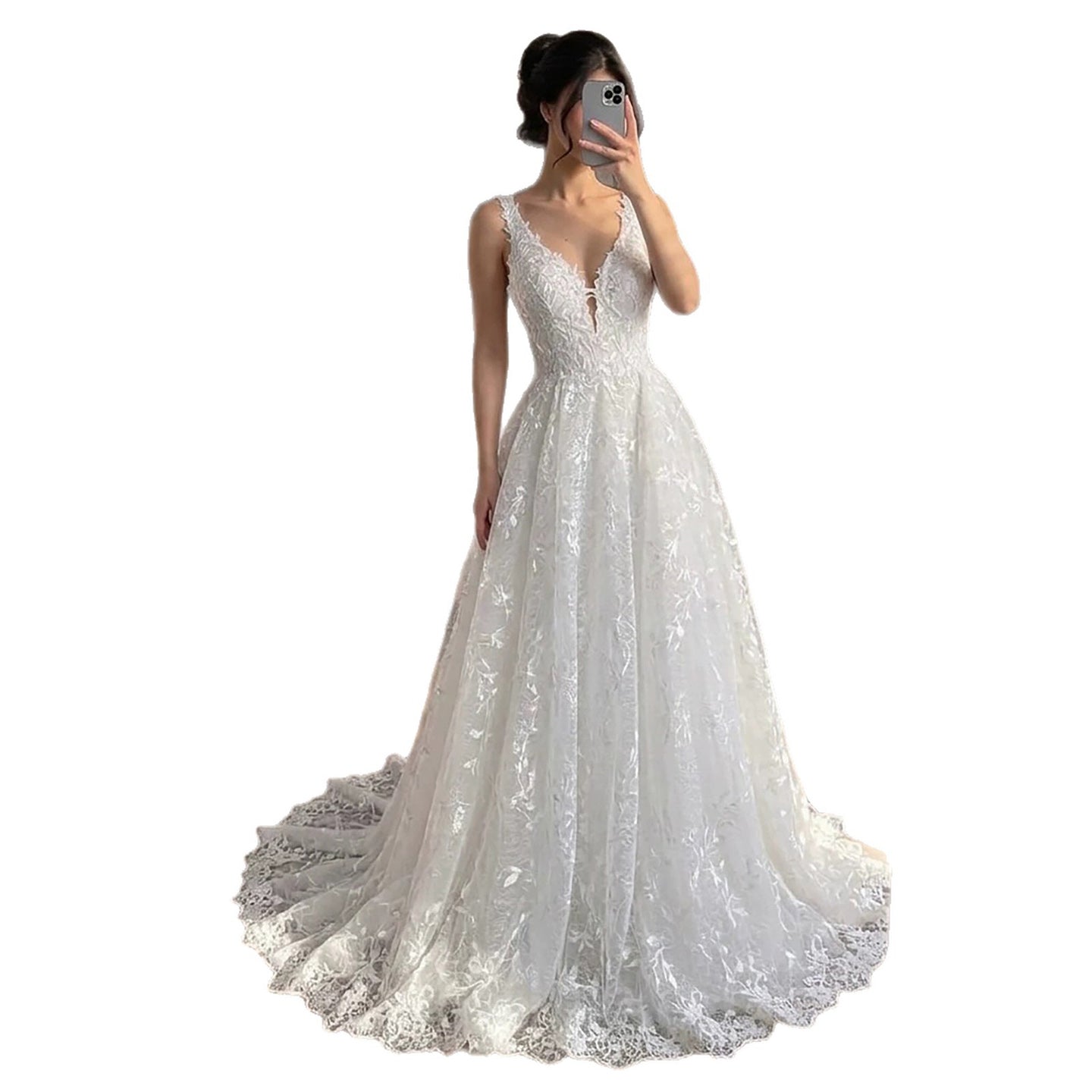 Luxury White Lace V-Neck Low Back Appliques A-Line Wedding Dress HA2541 SERENE HILL