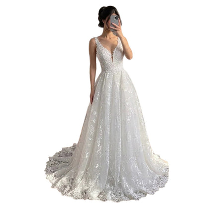 Luxury White Lace V-Neck Low Back Appliques A-Line Wedding Dress HA2541 SERENE HILL