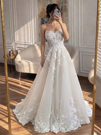 Luxury White Lace Strapless 3D Floral Pearl A-Line Wedding Dress HA2542 SERENE HILL