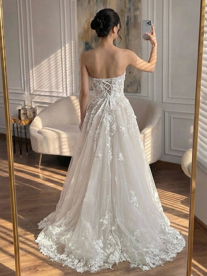 Luxury White Lace Strapless 3D Floral Pearl A-Line Wedding Dress HA2542 SERENE HILL