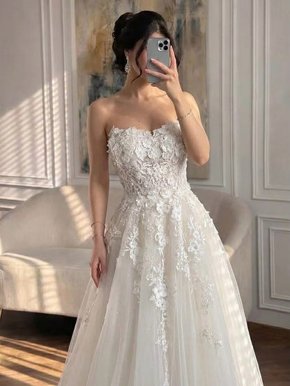 Luxury White Lace Strapless 3D Floral Pearl A-Line Wedding Dress HA2542 SERENE HILL