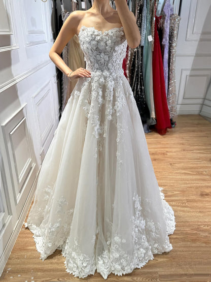 Luxury White Lace Strapless 3D Floral Pearl A-Line Wedding Dress HA2542 SERENE HILL