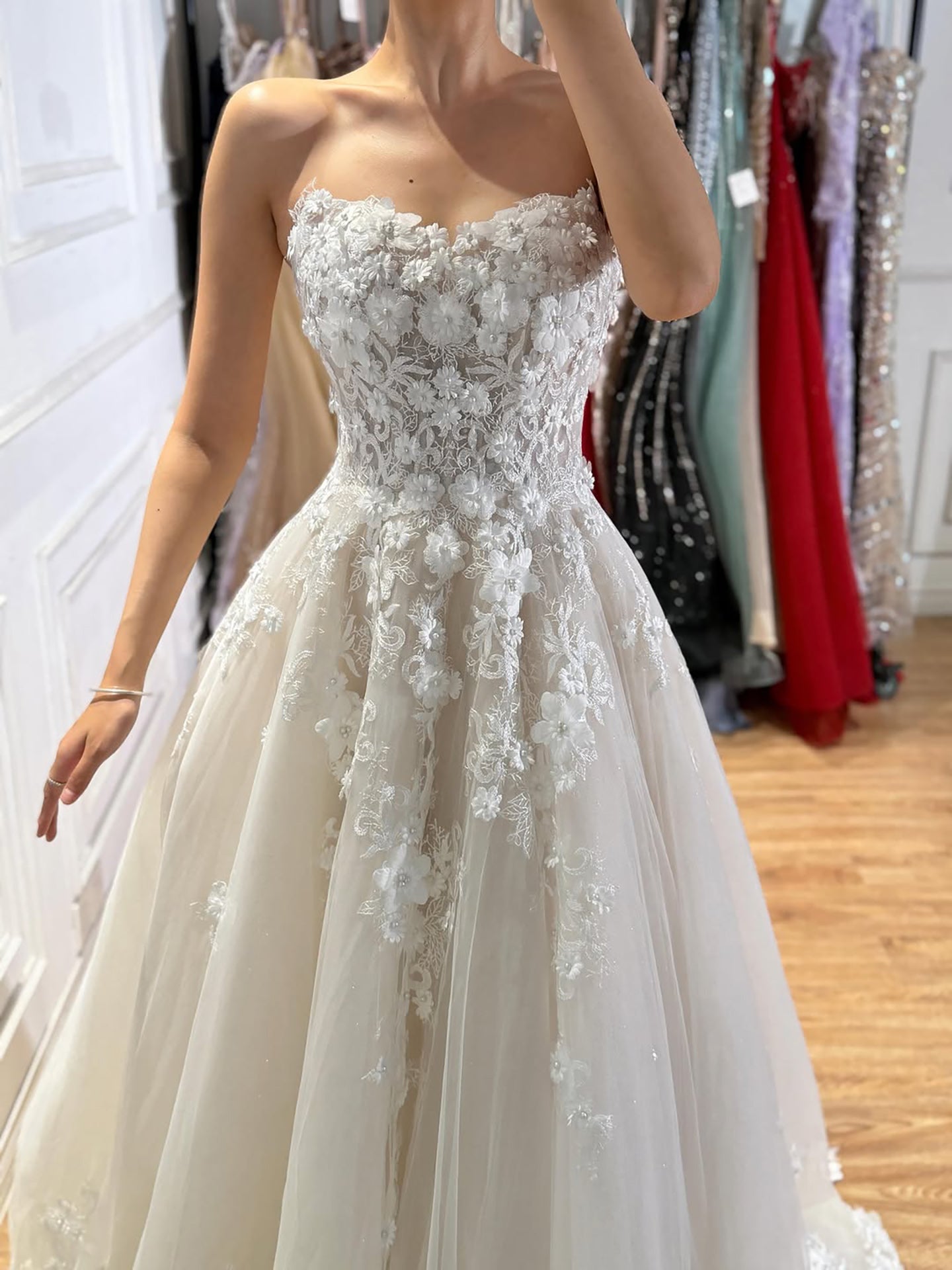 Luxury White Lace Strapless 3D Floral Pearl A-Line Wedding Dress HA2542 SERENE HILL