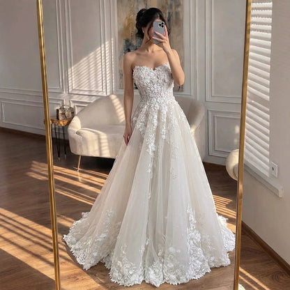 Luxury White Lace Strapless 3D Floral Pearl A-Line Wedding Dress HA2542 SERENE HILL