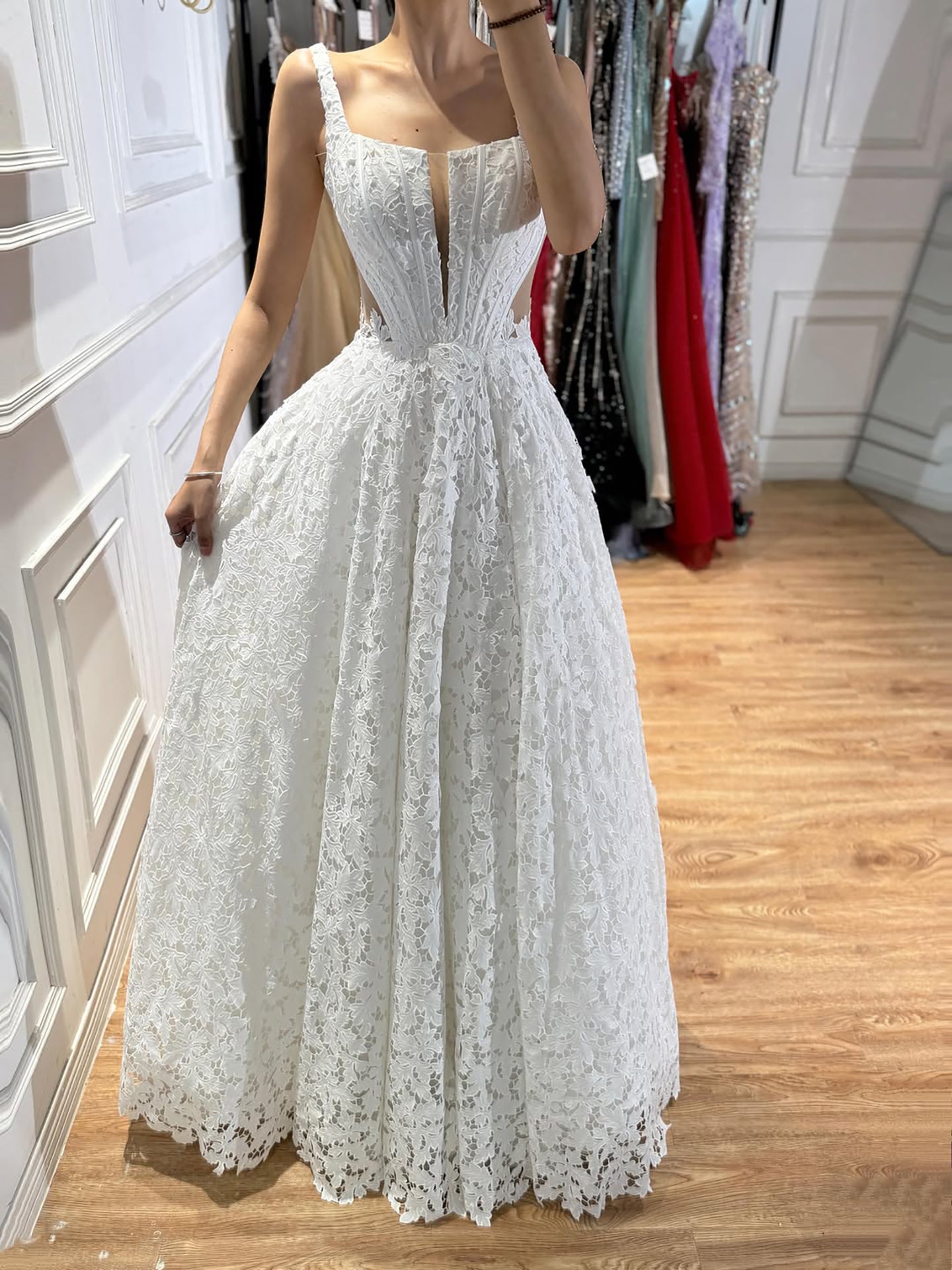 Luxury White Lace Square Neck Deep V Cutout A-Line Wedding Dress HA2543