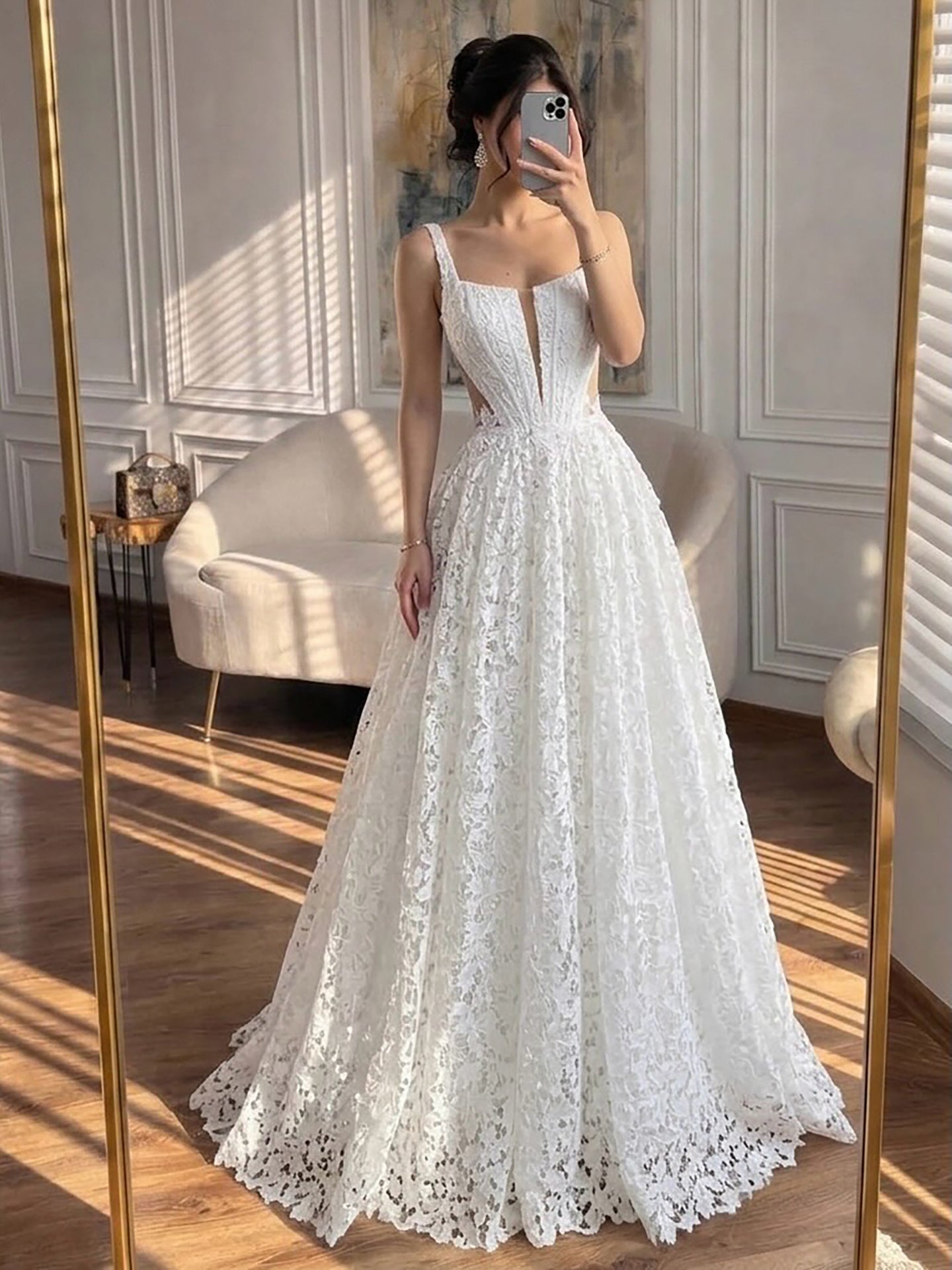 square neck a line wedding dress A-Line with Bow The flowy skirt has box pleats and a sexy slit for extra movement Charming A-line Square Neckline Lace