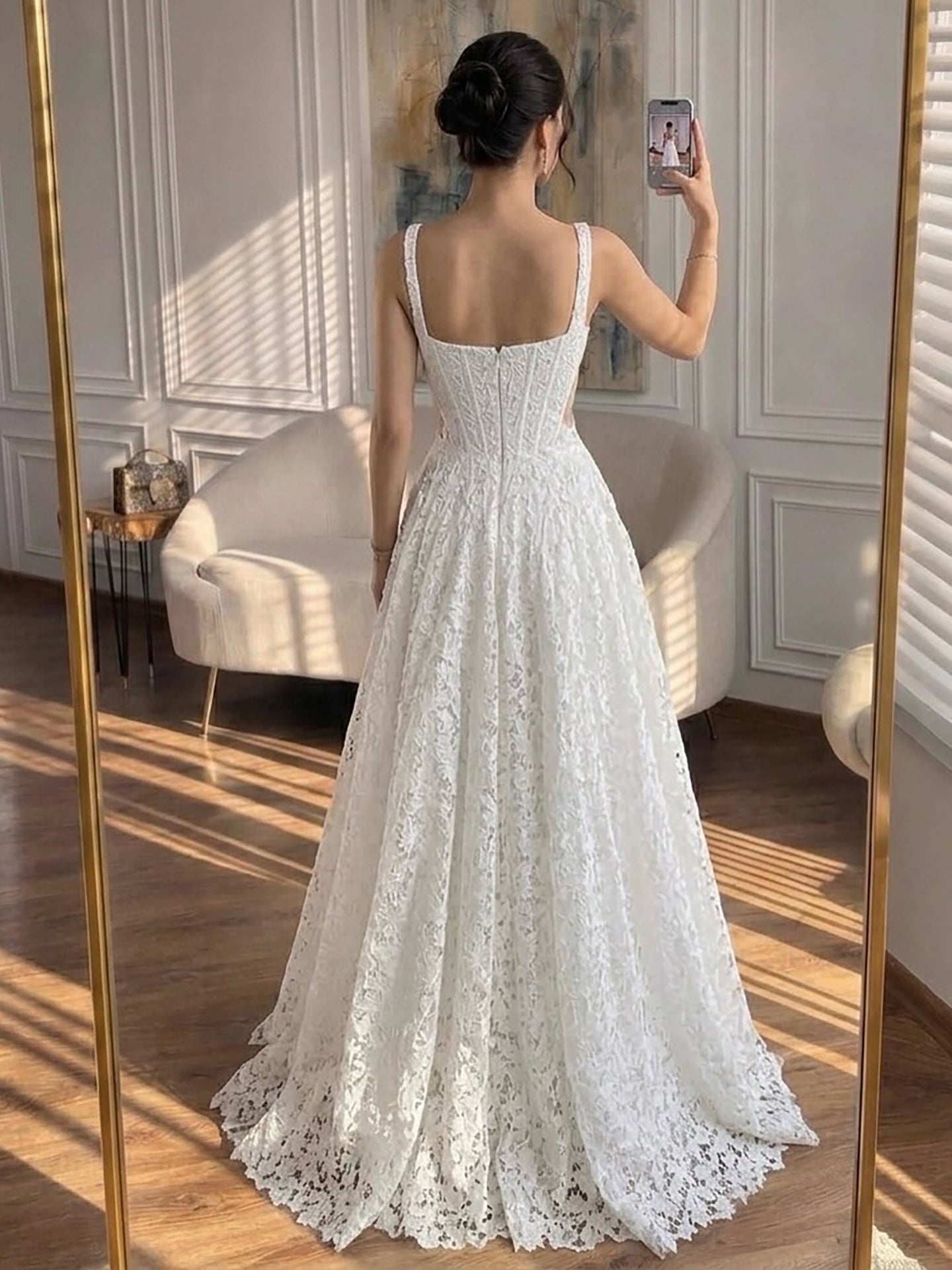 Luxury White Lace Square Neck Deep V Cutout A-Line Wedding Dress HA2543