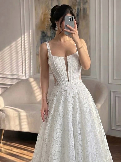Luxury White Lace Square Neck Deep V Cutout A-Line Wedding Dress HA2543 SERENE HILL