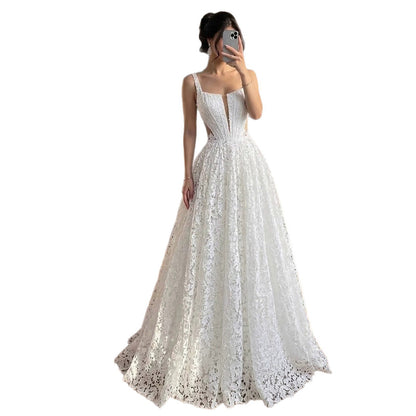 Luxury White Lace Square Neck Deep V Cutout A-Line Wedding Dress HA2543 SERENE HILL