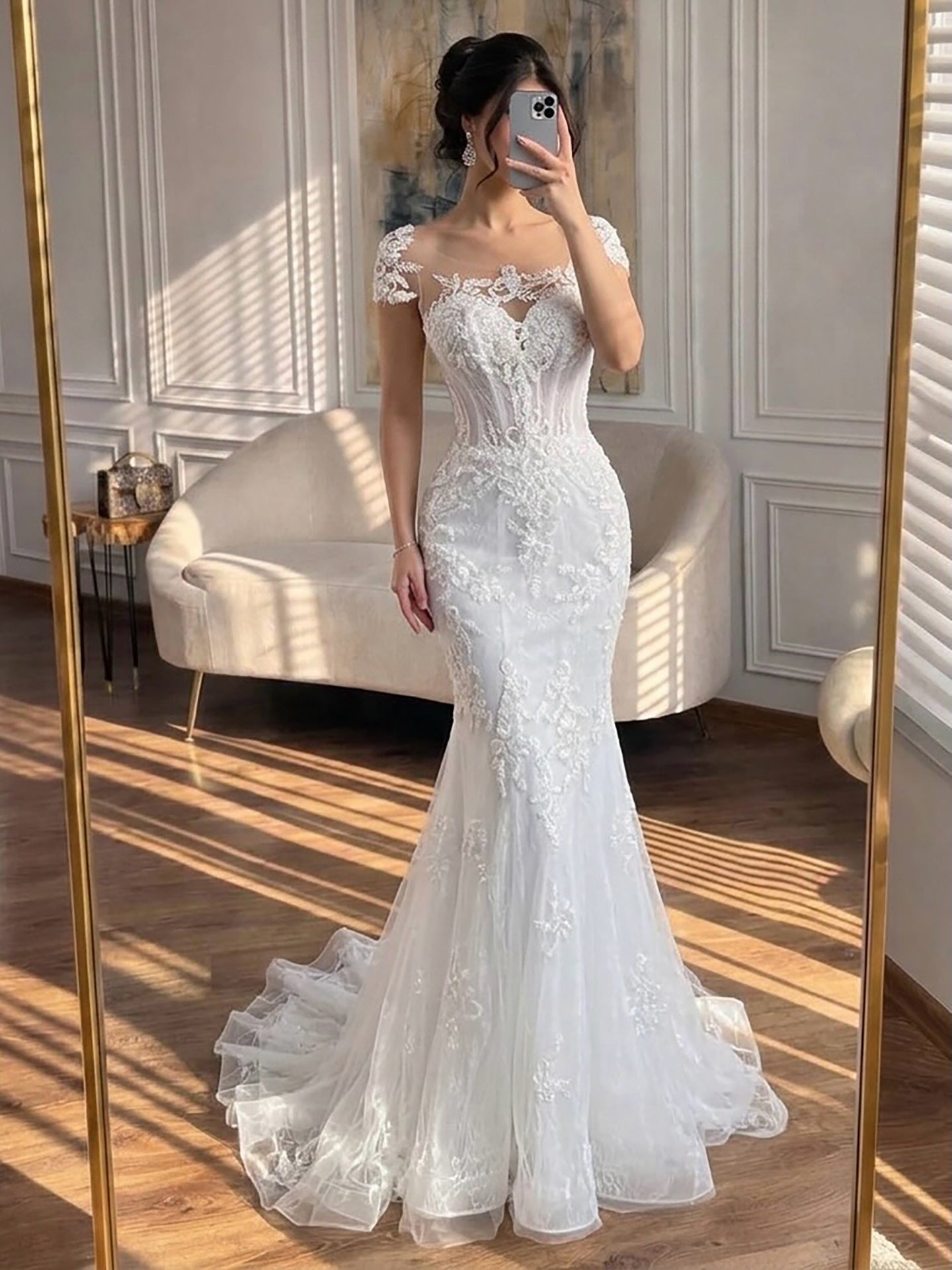 Luxury White Beaded Lace Mermaid Bridal Wedding Dress HA2544 SERENE HILL