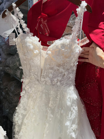 Luxury White Lace Spaghetti Strap 3D Floral A-Line Wedding Dress HA2545 SERENE HILL
