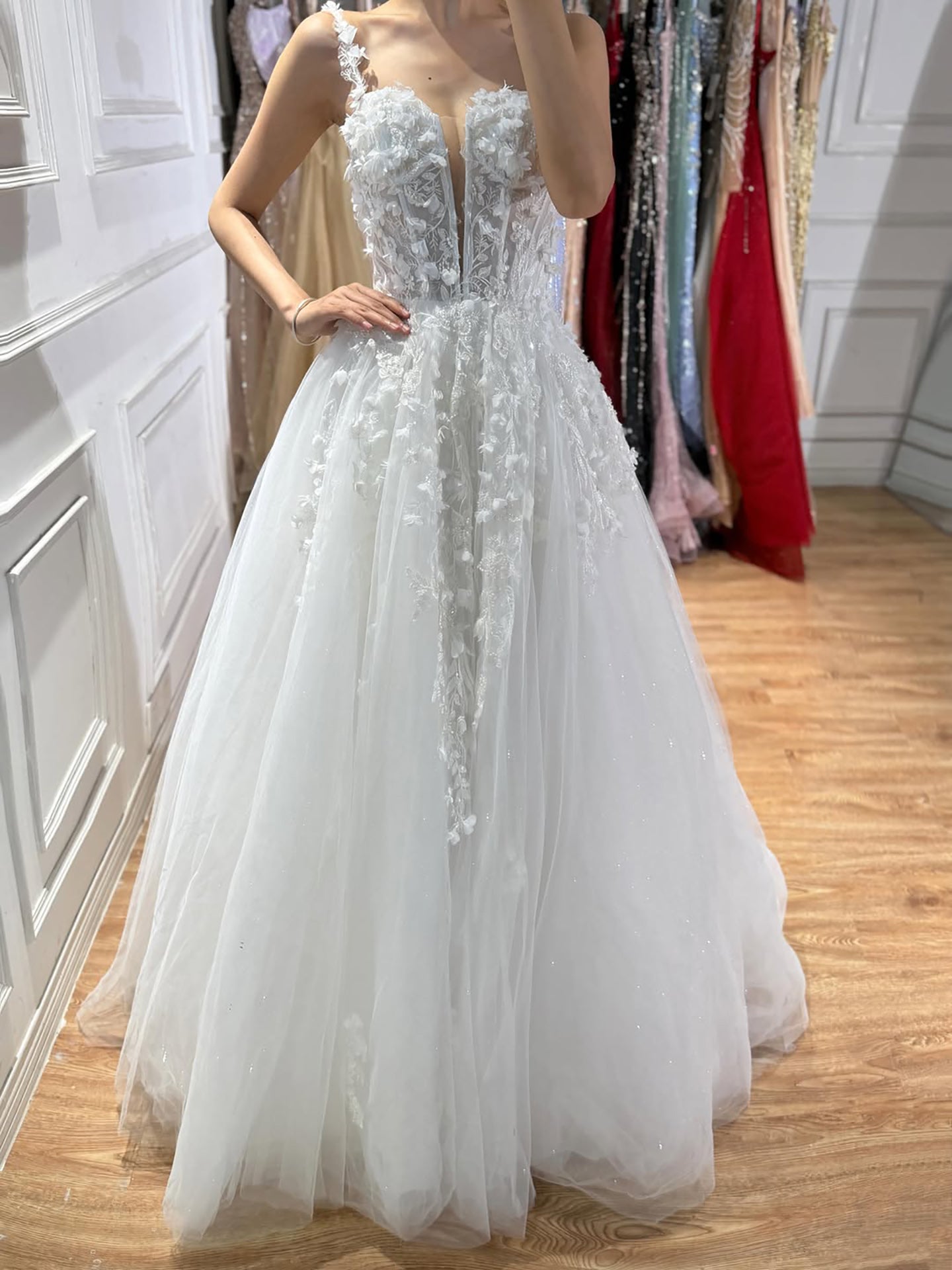 Luxury White Lace Spaghetti Strap 3D Floral A-Line Wedding Dress HA2545 SERENE HILL