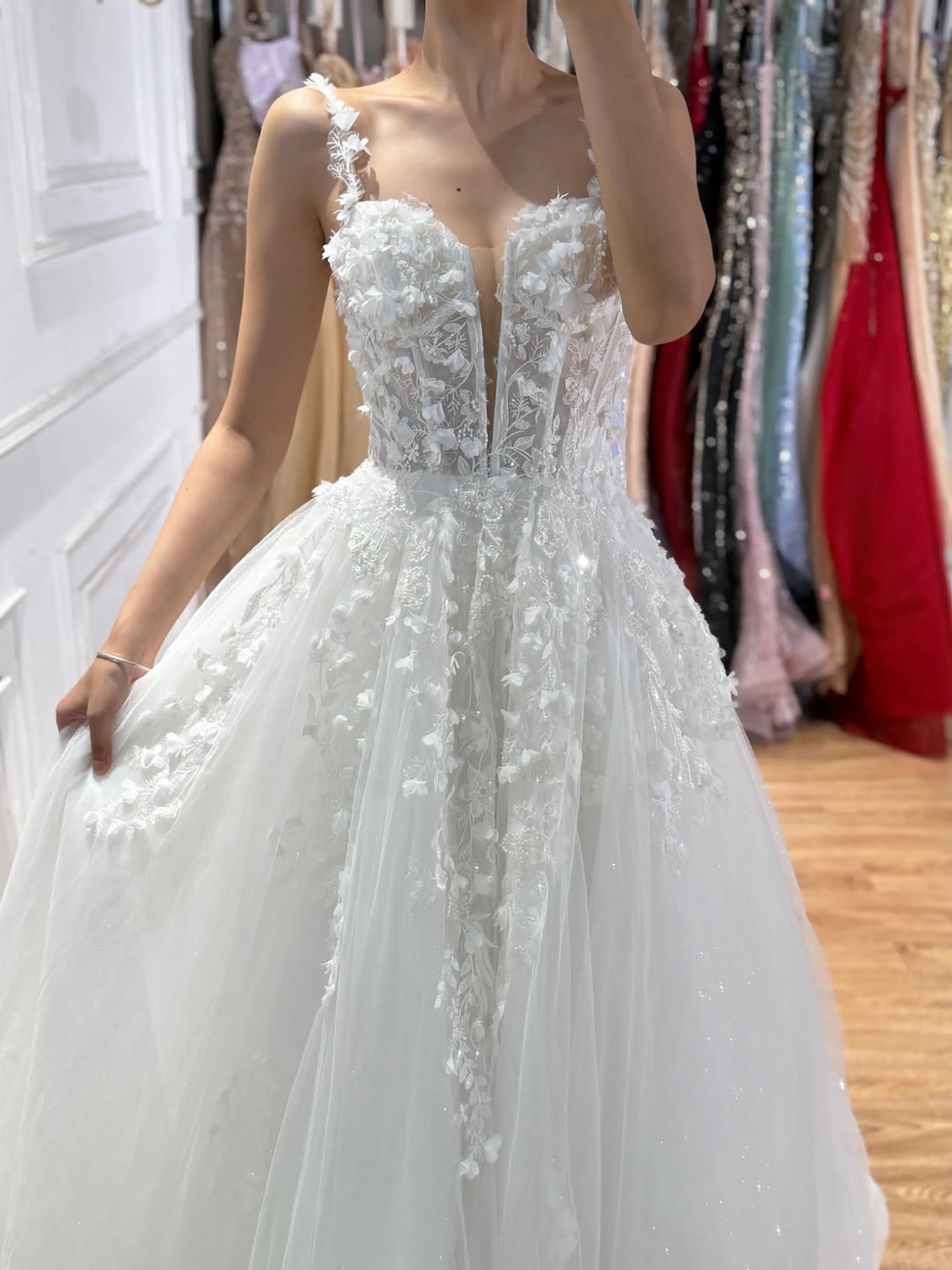 Luxury White Lace Spaghetti Strap 3D Floral A-Line Wedding Dress HA2545 SERENE HILL