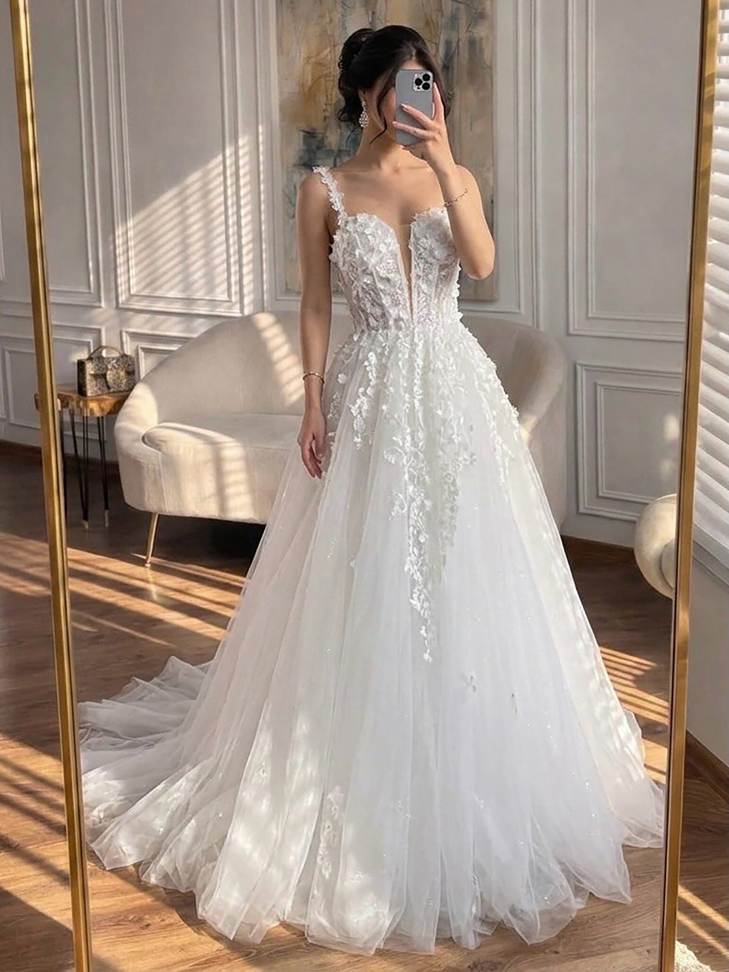 Luxury White Lace Spaghetti Strap 3D Floral A-Line Wedding Dress HA2545 SERENE HILL