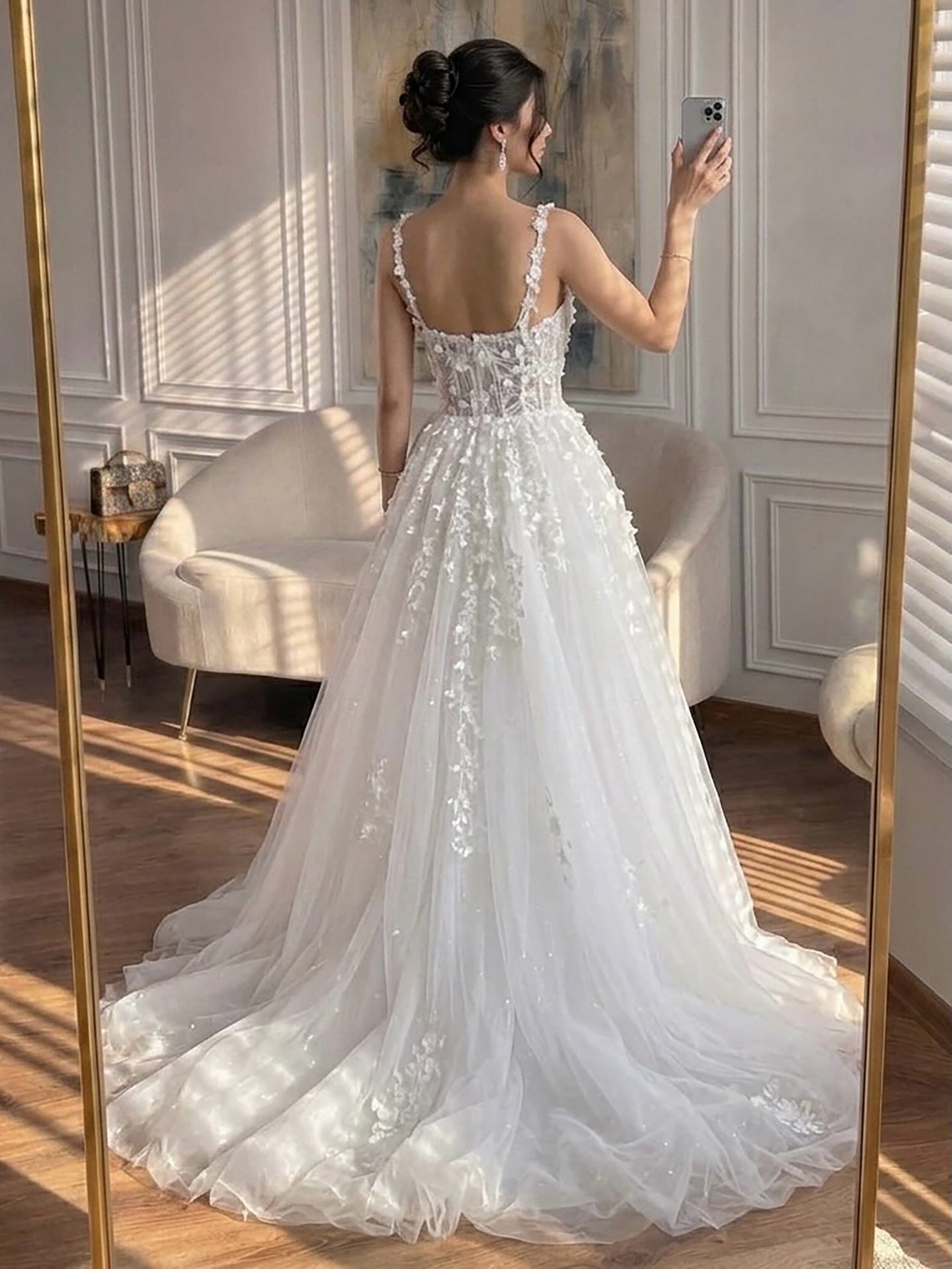 Luxury White Lace Spaghetti Strap 3D Floral A-Line Wedding Dress HA2545 SERENE HILL